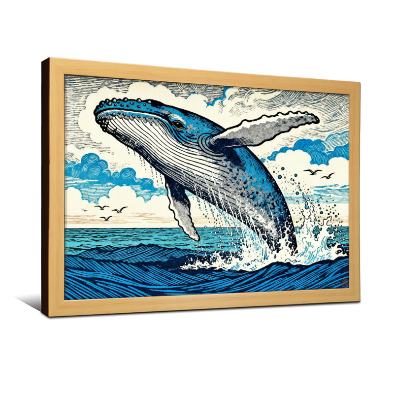 Animal, baleine, saut, océan, vagues, ciel, oiseaux, nuages, H 12 po x l 18 po, Grain de bois beige