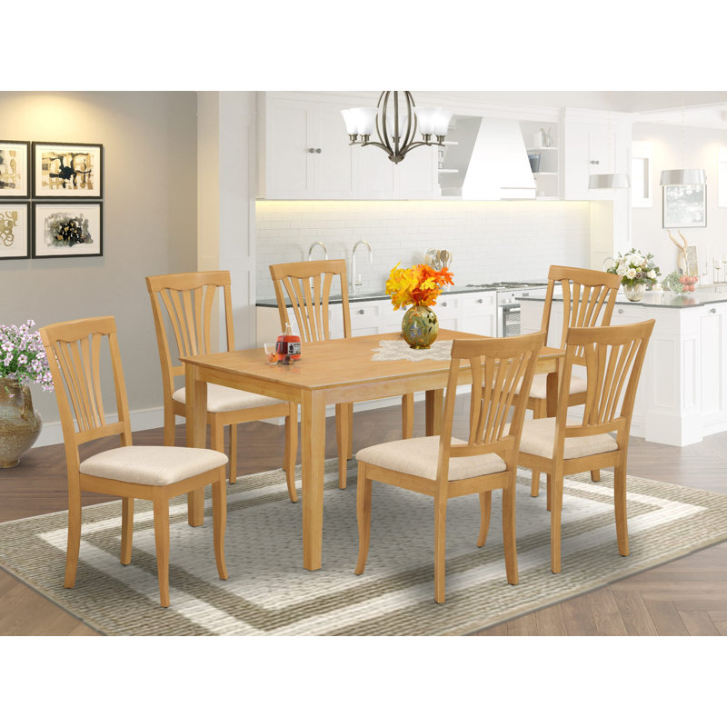 7 Piece Kitchen Table & Chairs Set Consist of a Rectangle Dining Table and 6 Linen Fabric Dining Room Chairs, 36x60 Inch, Oak
