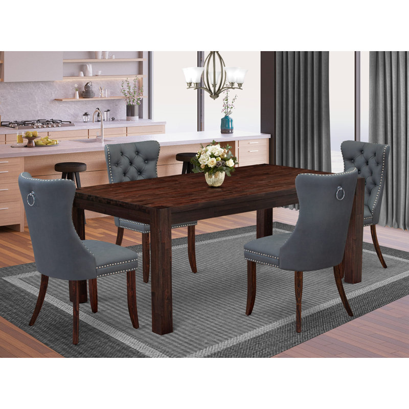 5 Piece Kitchen Table Set Includes a Rectangle Rustic Wood Dining Table and 4 Polyester Fabric Upholstered Chairs, Distressed Jacobean