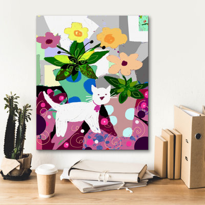 «White Kitty And Flowers» par Holly McGee, art sur toile