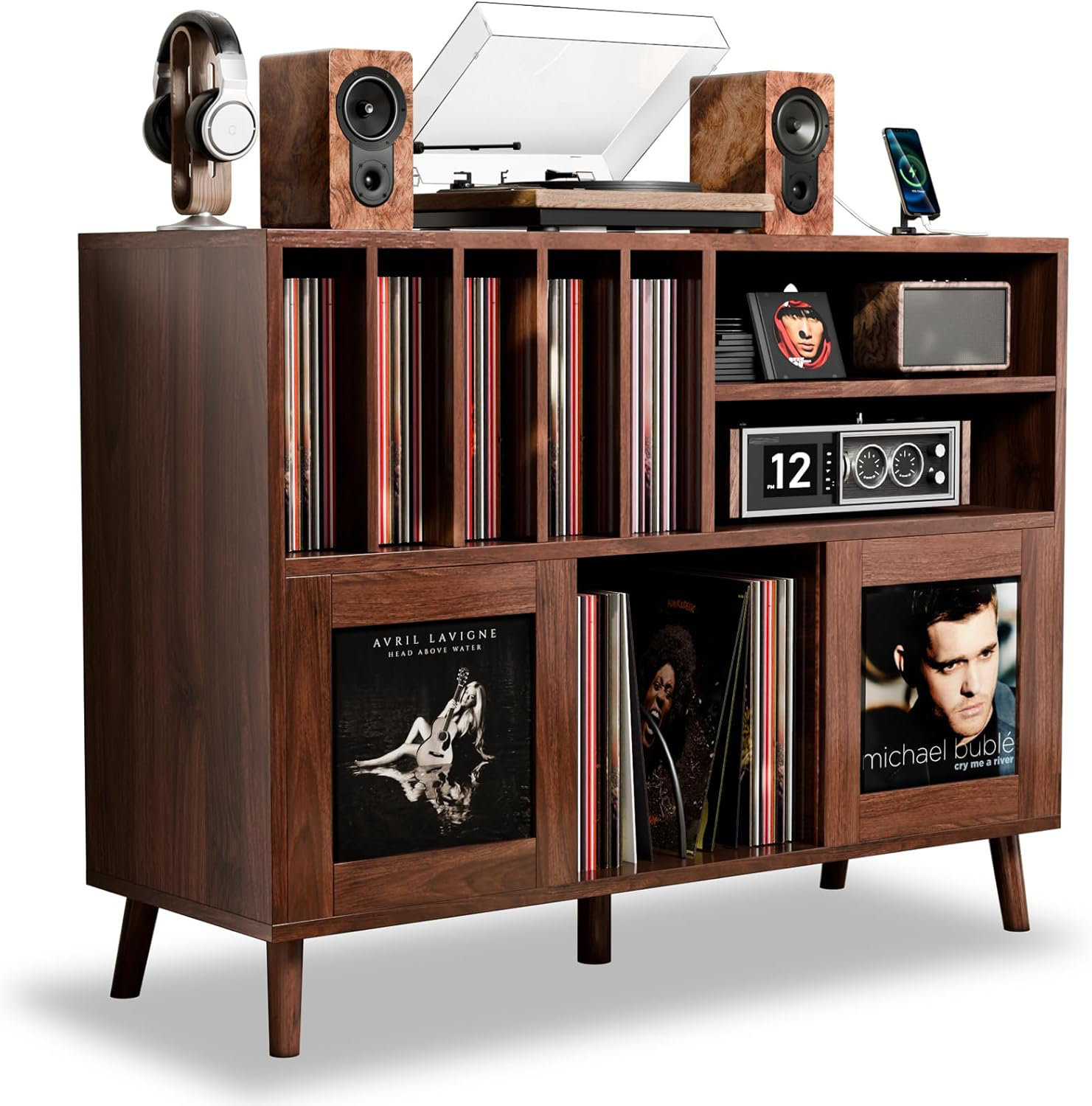 George Oliver XL Record Player Stand With Sliding Doors, 500+