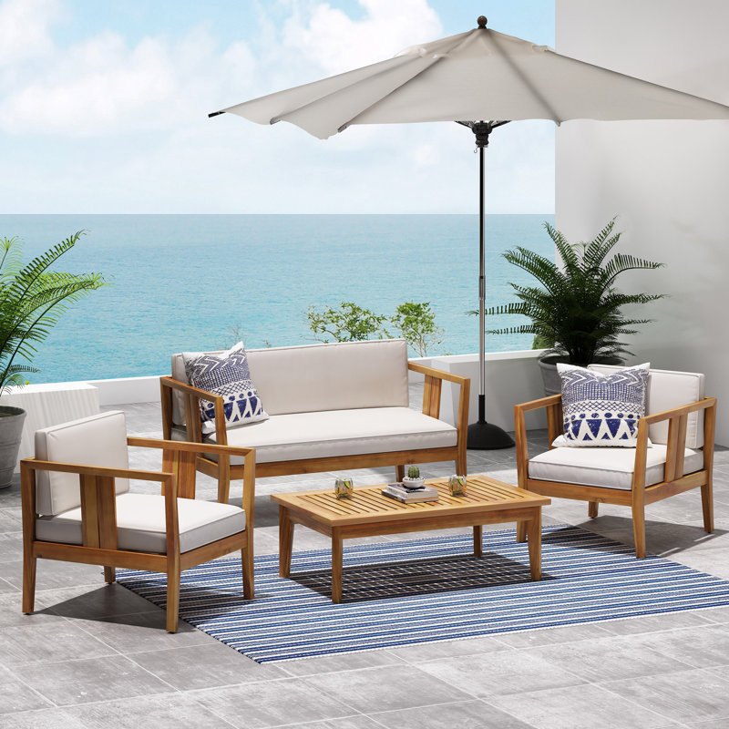 Acacia 4 - Person Patio Conversation Set with Cushions, Teak, Beige