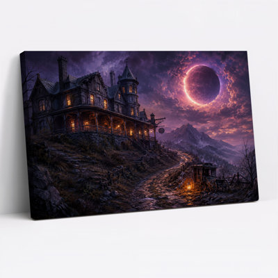 Art mural sur toile Halloween manoir gothique avec chariot et ciel éclipse mauve
