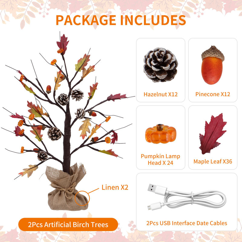 2 Pack of 24-Inch LED Lighted Artificial Fall Oak Maple Pumpkin Trees for Autumn Decor.