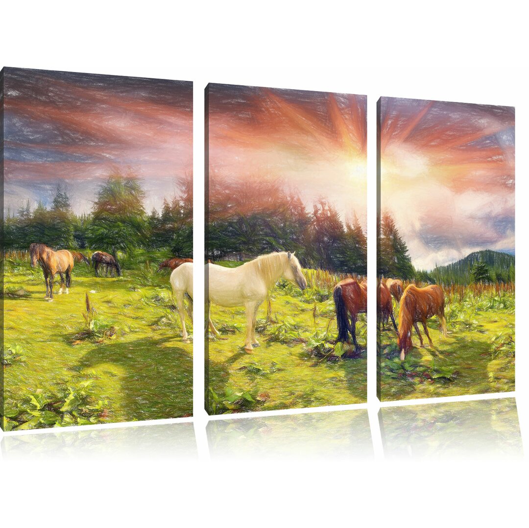 3-tlg. Leinwandbilder-Set „Carpathian Mustangs Pferde auf den Bergen“, Grafikdruck