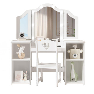 Kids Vanity Set with Chair and Touch Light Mirror Detachable Makeup Table with Storage Shelves for Girls