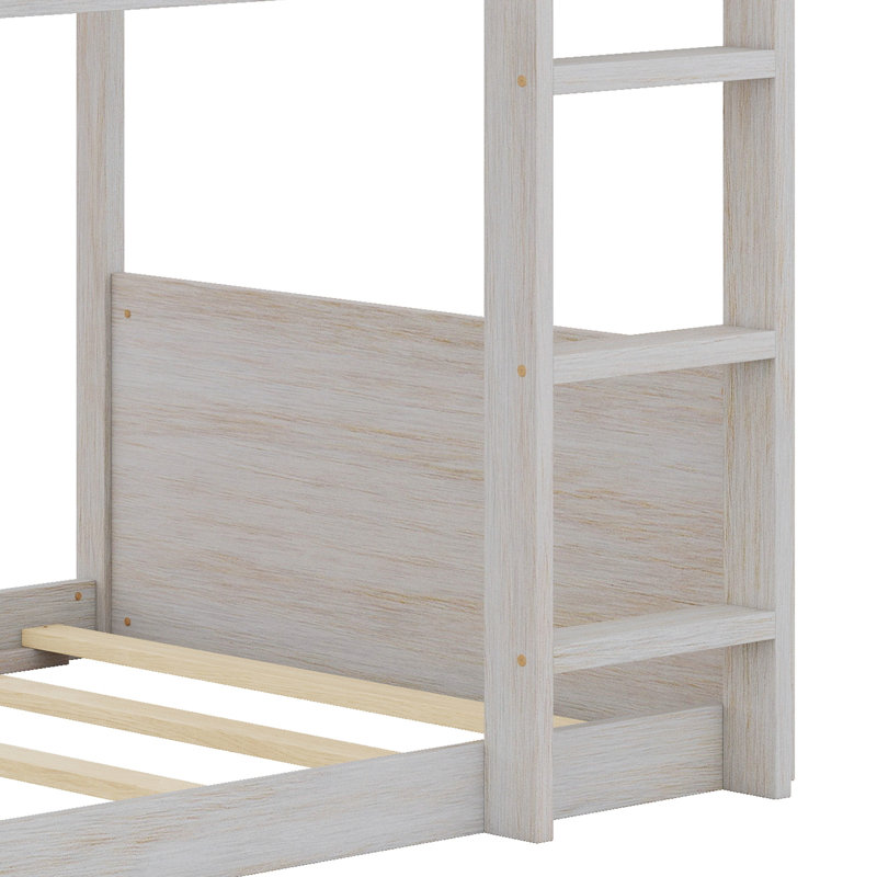 Lit superposé avec tête de lit à panneaux, pied de lit, structure en bois d'hévéa et échelle intégrée