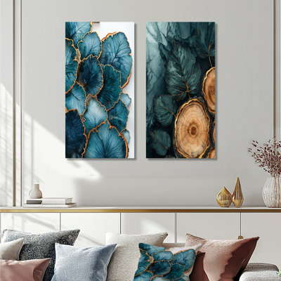 Agate River Of Leaves Wood Slide I - Floral Wall Art 2 Panels Collection