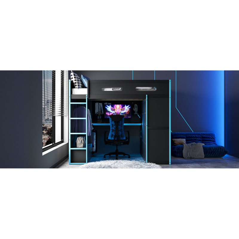 Lit mezzanine en bois pleine grandeur avec bureau, garde-robe, grand espace de rangement et lumière RVB, bleu nuage (ANCIEN SKU: LT000261AAC)
