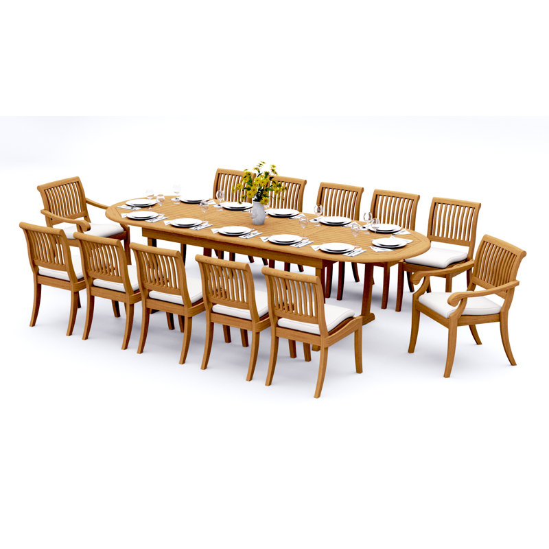 12 Seats 13 Pcs Grade-A Teak Wood Dining Set: 118" Double Extension Mas Oval Trestle Leg Table And 12 Arbor Stacking Chairs (2 Arm & 10 Armless Chairs) #11AB2702