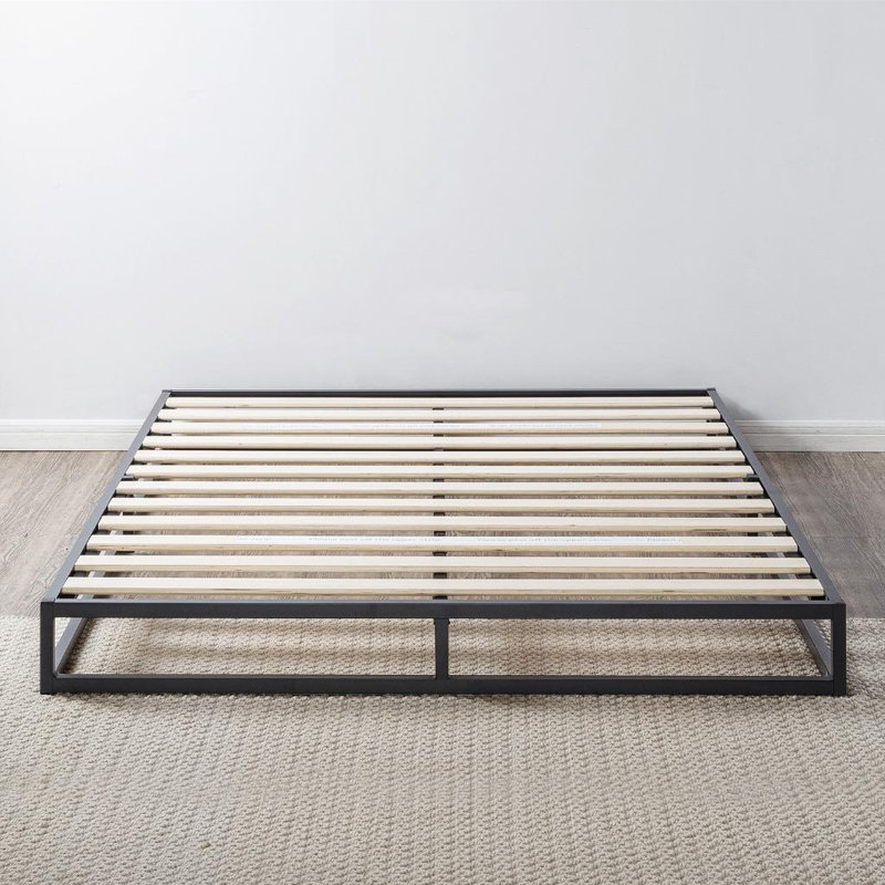 Modern Black Metal Queen Platform Bed Frame with Wooden Slats