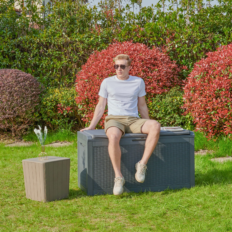 Quartey 100 Gallons Garden Storage Box Resin Lockable Deck Box with Cushion, Grey