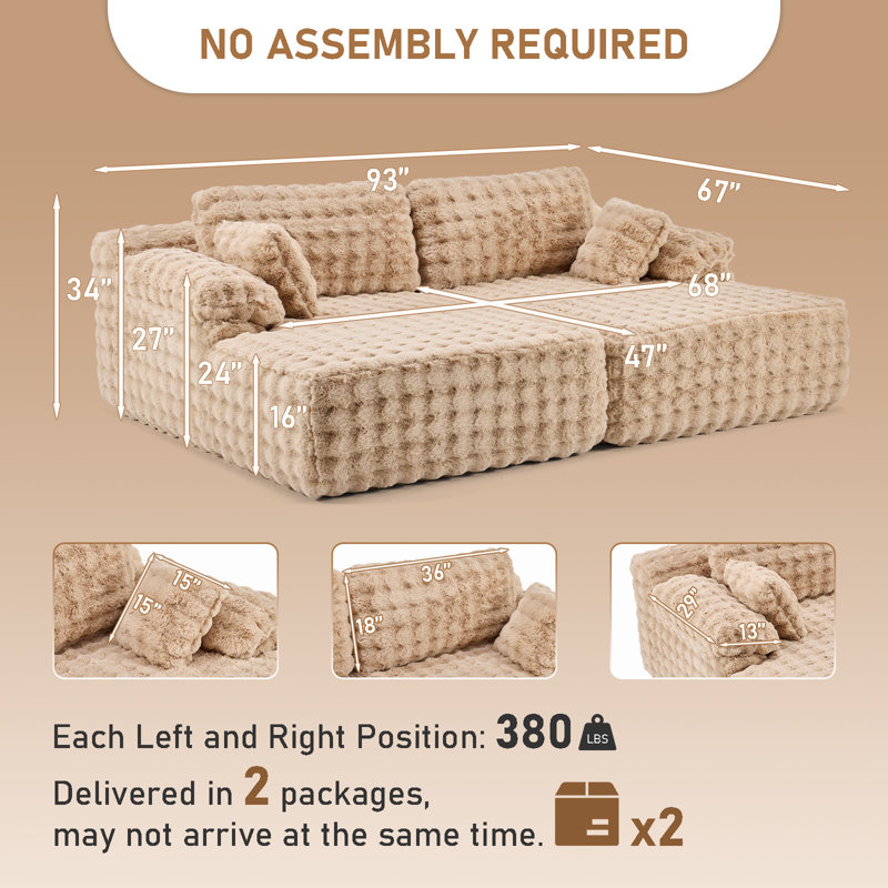 93" Velvet King Size Chaise Lounge Sofa Bed Sleeper Sofa with Dual Mattress, Khaki