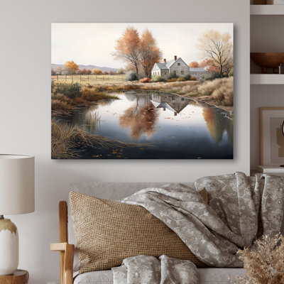 «Small River To The Farm I - Barn Landscape», reproduction sur toile encadrée