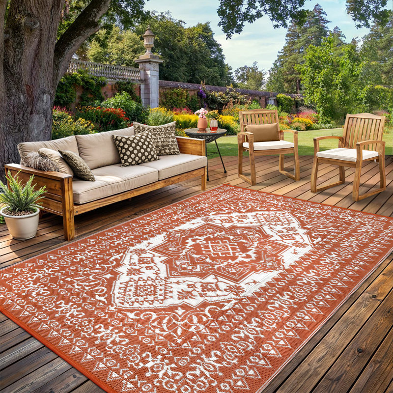Outdoor Rug, Reversible Patio Rug, Large Vintage Medallion RV Camping Carpet, Waterproof Indoor Outdoor Plastic Straw Mat for Deck, Picnic, Beach, Pool, Garden