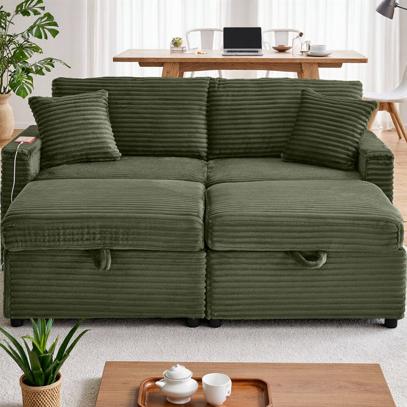 Comfortable Fluffy Corduroy Lazy Big Loveseat Couch, Super Soft Chaise Lounge 2-Seater Sofa with Double Storage Ottomans, Table Board & USB Port for Living Room
