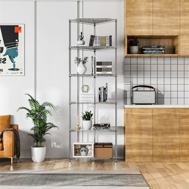 Étagère de coin en métal à 6 niveaux Tablettes pentagonales Étagères de rangement en métal réglables en métal robustes et autoportantes pour salle de bain, salon, cuisine - Chrome