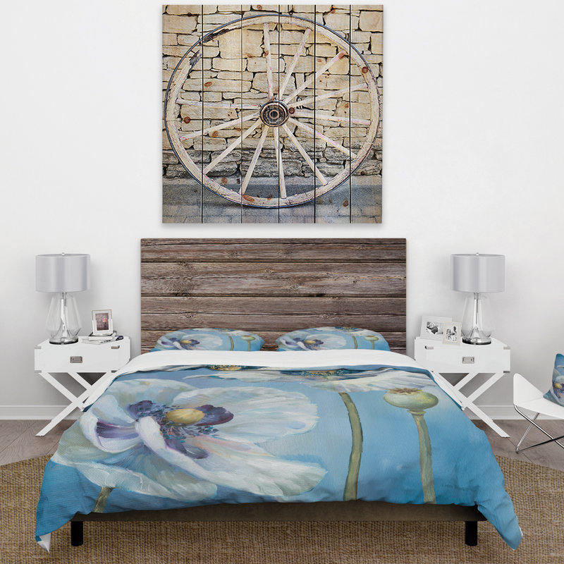 White Flower on Blue I - Ensemble de housse de couette Farmhouse - Microfibre de polyester