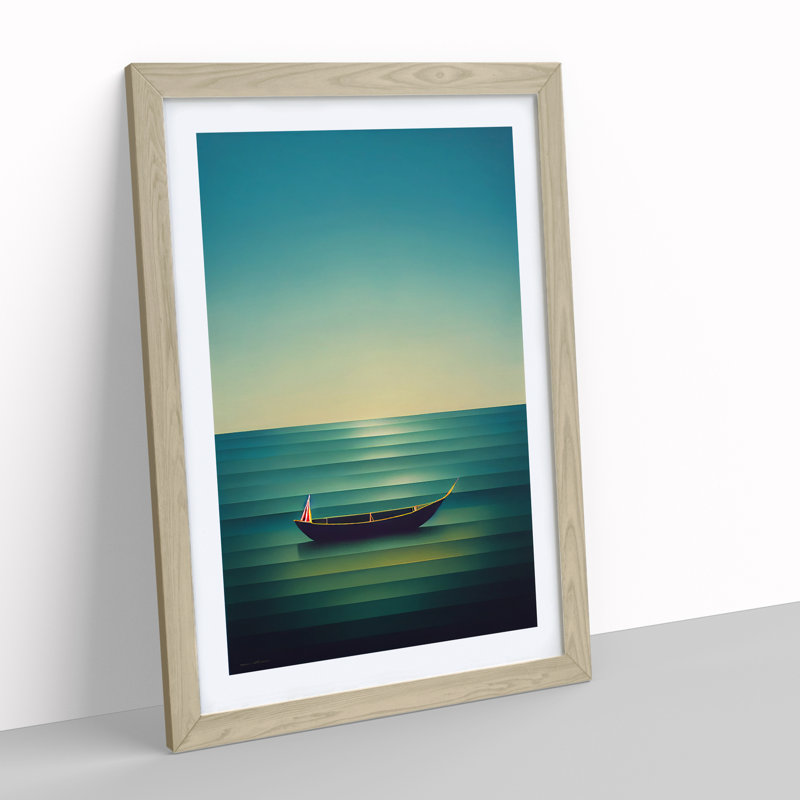 Boat On A Striped Ocean - Print, 66cm H x 48cm W x 2cm D, Oak Framed, White