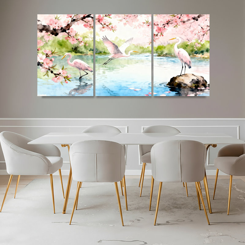 Ensemble de 3 tableaux muraux aquarelle sur toile tendue représentant des fleurs de cerisier et un héron, H 36 po x l 72 po
