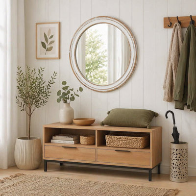 Miroir mural rond en bois pour meuble-lavabo