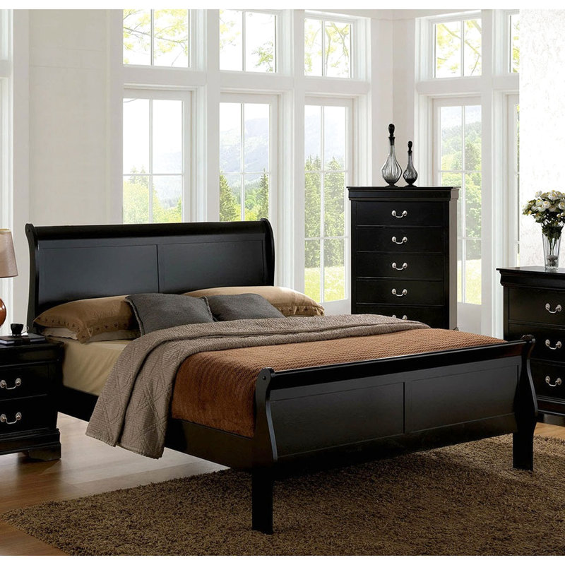 Structure de lit en bois massif, lit double, lit de style noir, décoration de taille, Lit double
