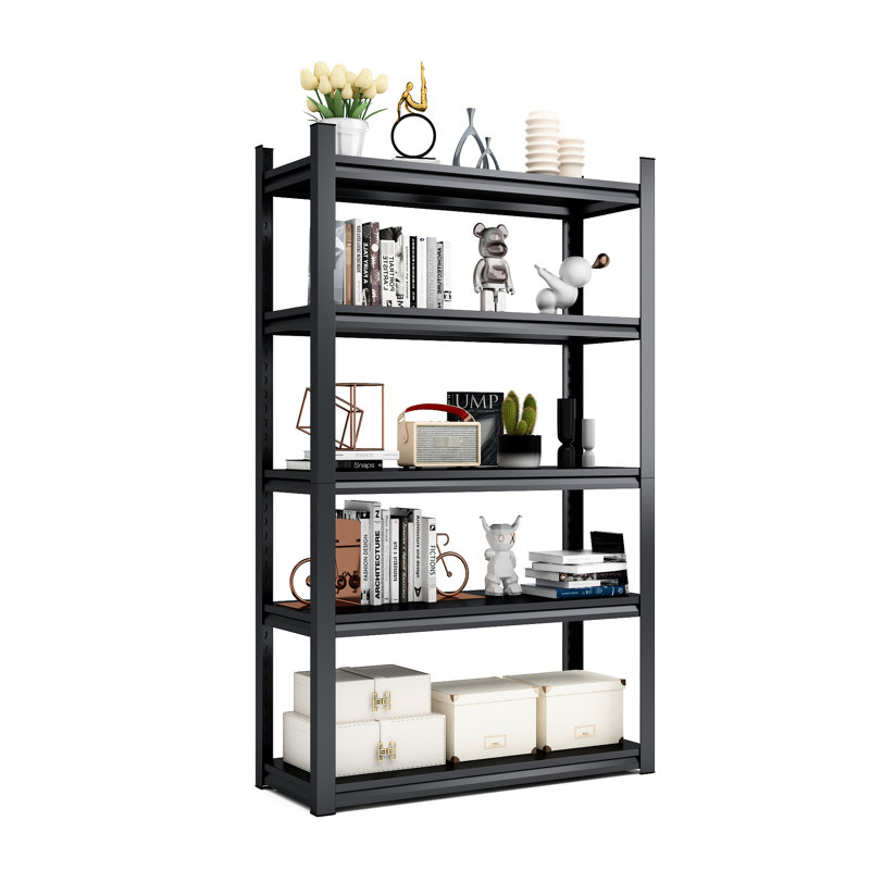 Étagère de garage en métal à 5 niveaux de H 72 po, 2 000 lb, tablettes réglables pour salle de sport, noir et gris, rangement de bureau moderne Allure, garage, cuisine, entrepôt, apparence