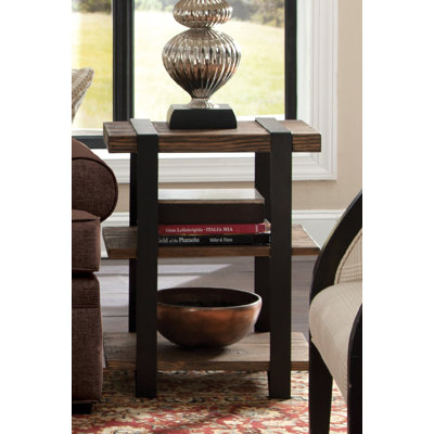 Nedra 20" Wide Rustic Industrial Solid Wood and Metal Frame Rectangular End Table With 2 Shelves