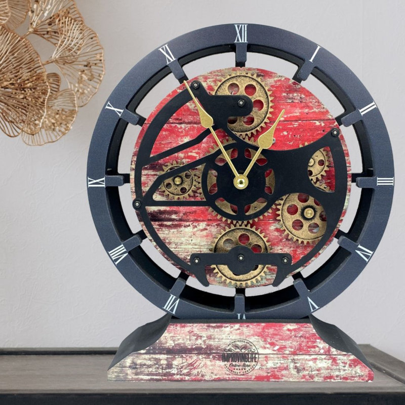 Desk wooden Clock Round 10 inches with Real Moving Gears (Transformable into a Wall Clock - detachable base) Canada Collection