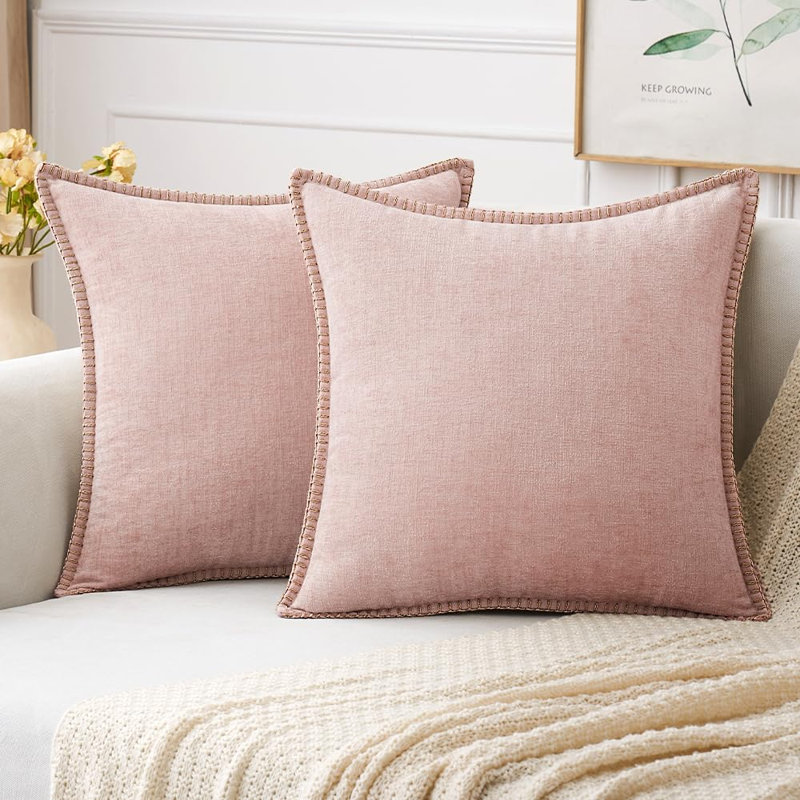 Paquet de 2 housses de coussins décoratifs de style campagnard rose avec bordure cousue en chenille douce pour un canapé-lit