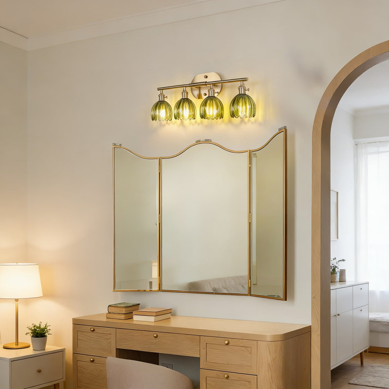 Luminaire de meuble-lavabo en laiton avec abat-jour en verre tulipe vert, applique câblée à 4 lumières pour miroir de salle de bain, chambre à coucher et salon