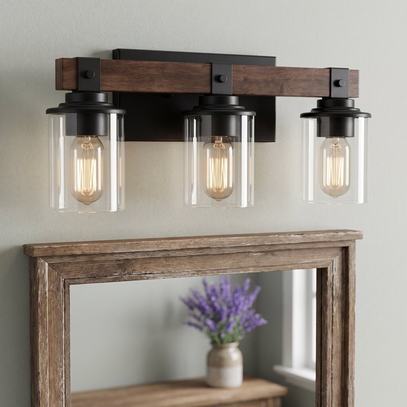 19'' 3-Light Rustic Farmhouse Vanity Light Wood Bathroom Wall Sconce Over Mirror with Glass Shades, 3
