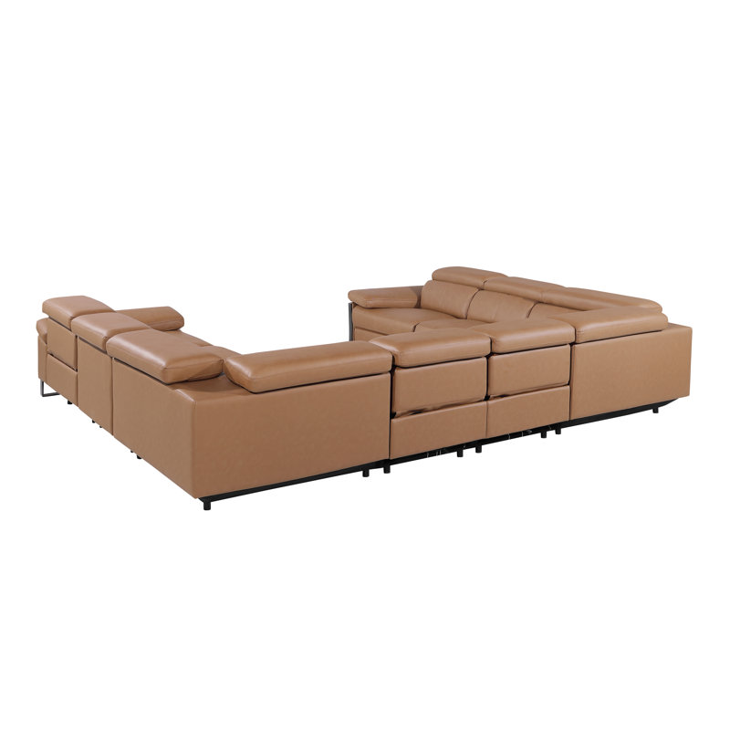 Top Grain Italian Leather 8-Piece U-Shaped Modular Power Reclining Sectional With 4 Power Recliners & Power Headrests – No Console