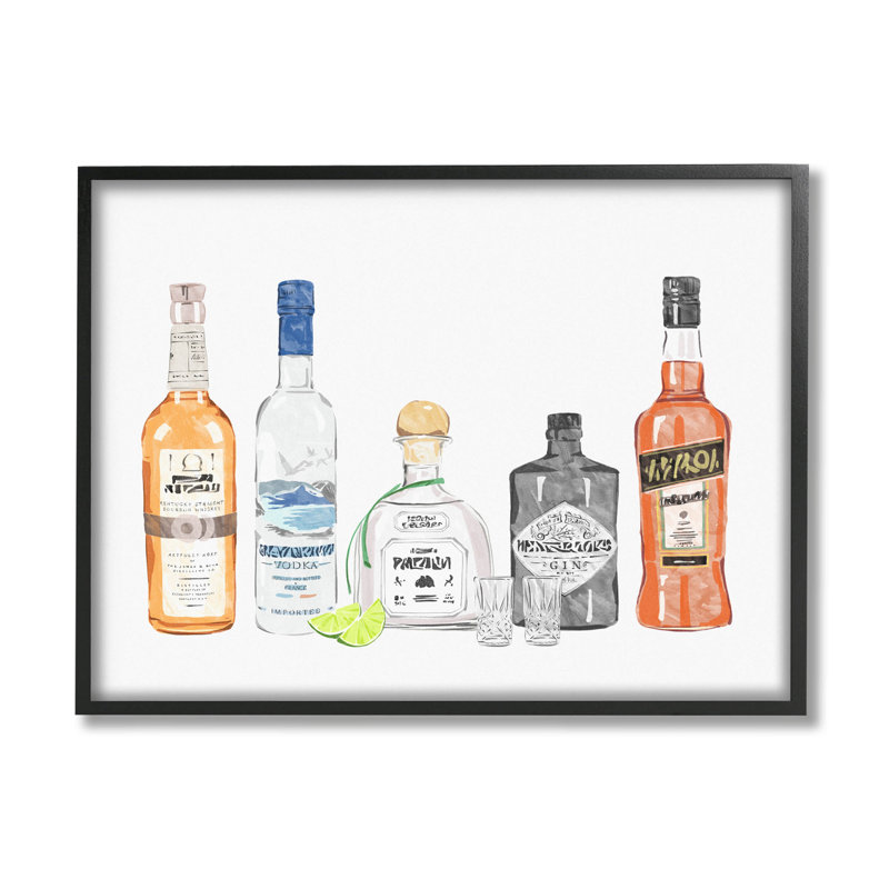 «Mixed Bar Liquor Bottles», estampe numérique par Ziwei Li, H 24 po x l 30 po x P 1,5 po, Giclée encadrée noir minuit