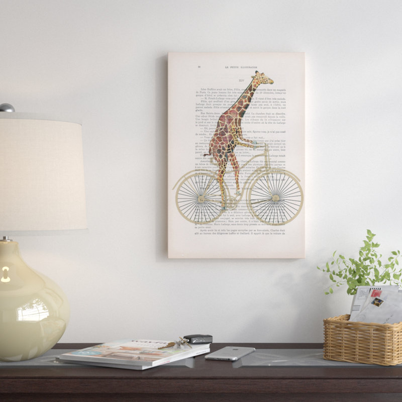 « rétro paper series : giraffe on bicycle », impression sur toile tendue, H 26 po x l 18 po x P 1,5 po