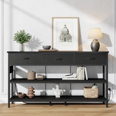 55.1" Narrow Console Table with Charging Station, 3 Fabric Drawers & 2-Tier Storage Shelves, Rustic Industrial Sofa Table for Entryway, Hallway and Living Room
