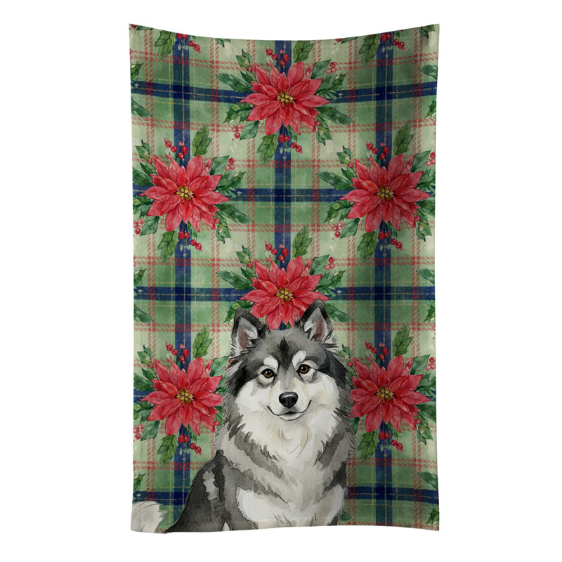 Keeshond Christmas PoinsettIas Kitchen Towel, Black/White Keeshond