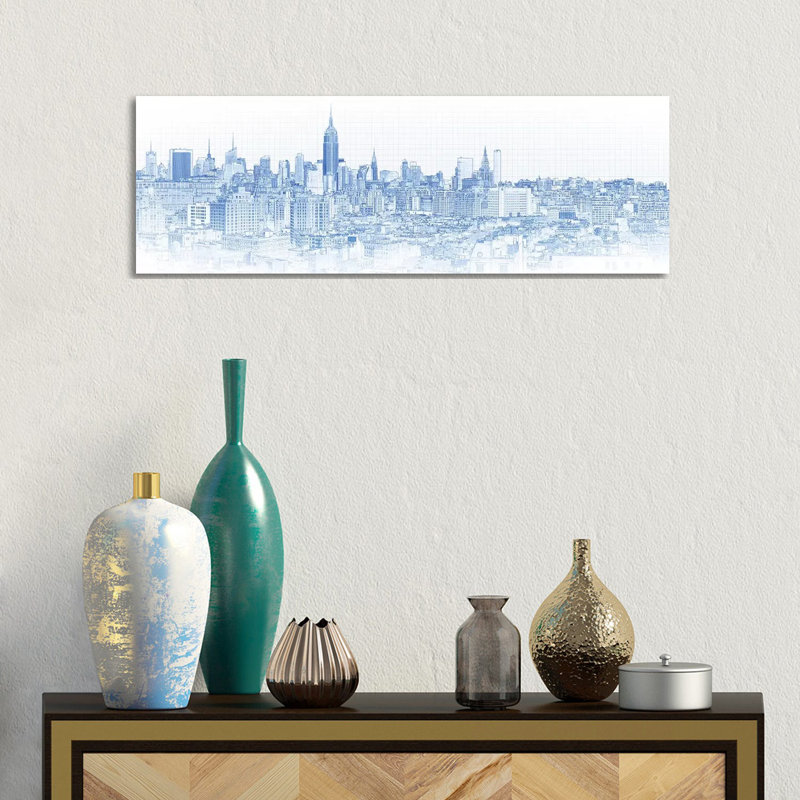 Digital Sketch Of Manhattan Skyline, NYC, USA IV - Wrapped Canvas Panoramic Print, 30.48 cm H x 91.44 cm W x 1.91 cm D