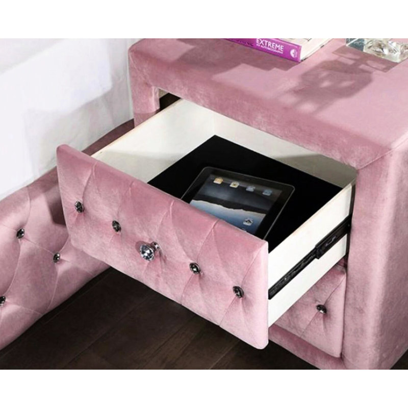 Table de chevet 2 en bois massif rose pour l'élégance de la chambre à coucher avec revêtement en velours et détails en acrylique