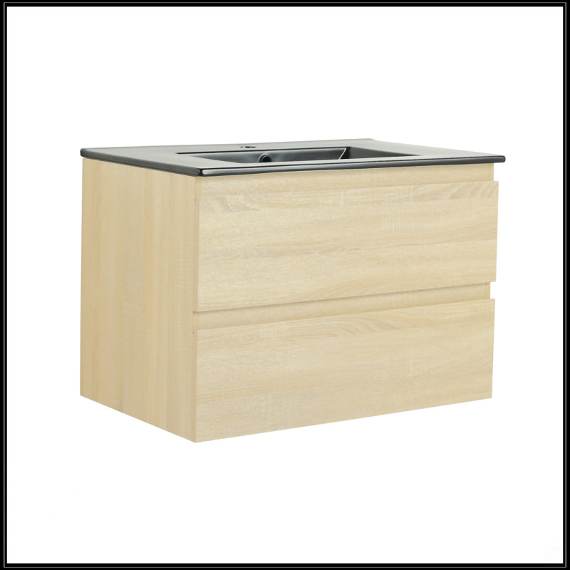 Meuble-lavabo mural 30 po avec lavabo en céramique noire, Chêne clair, 30"