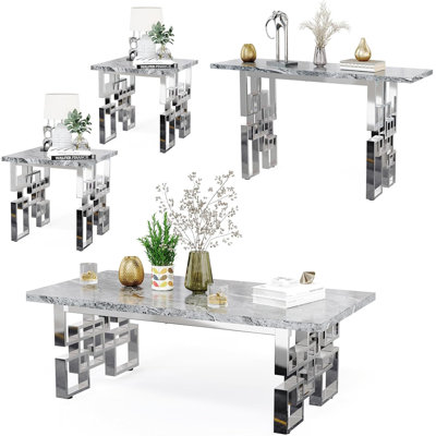 4 Piece Gray And Silver Living Room Table Set