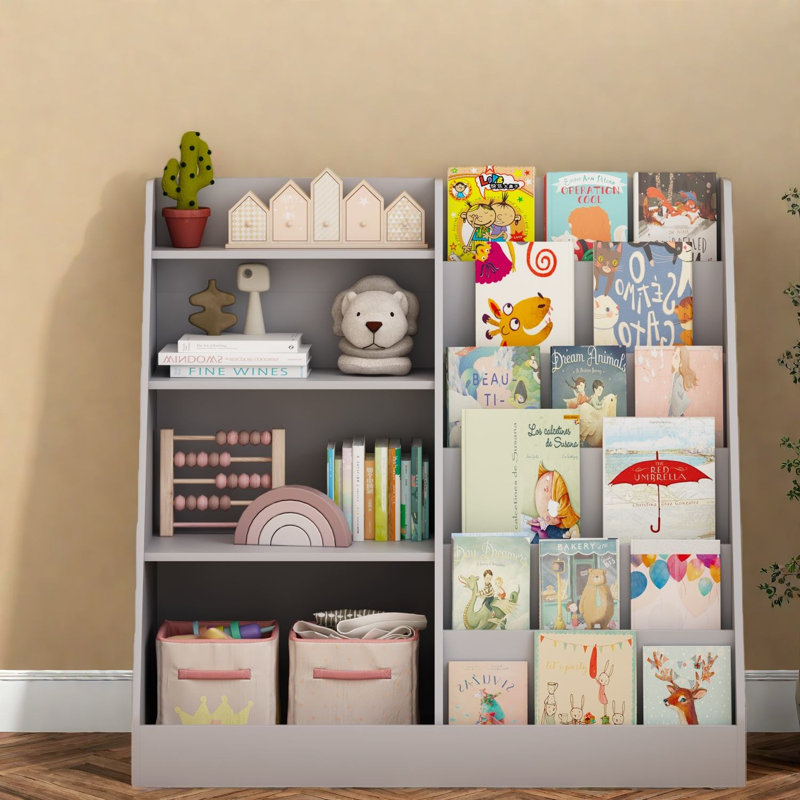 Kids Bookcases With Storage, Gray Mdf Modern Organizer For Playroom
