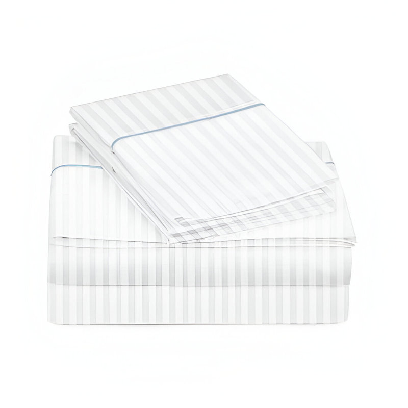 400TC Single Embroidery Sateen Stripe Cotton 4 Piece Sheet Set Fitted Sheet Fits Upto 16" Deep Pocket, Light Blue Border