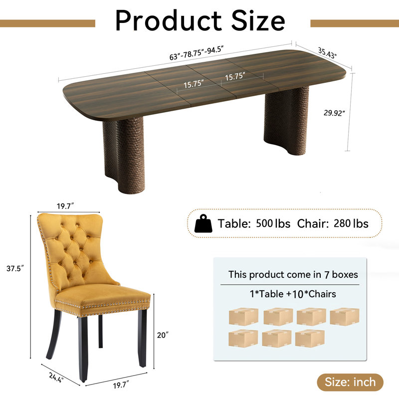 Ensemble de salle à manger ovale extensible 11 pièces pour 10 personnes, table de cuisine de style campagnard de 63" à 95" avec base incurvée martelée et 10 chaises capitonnées en velours