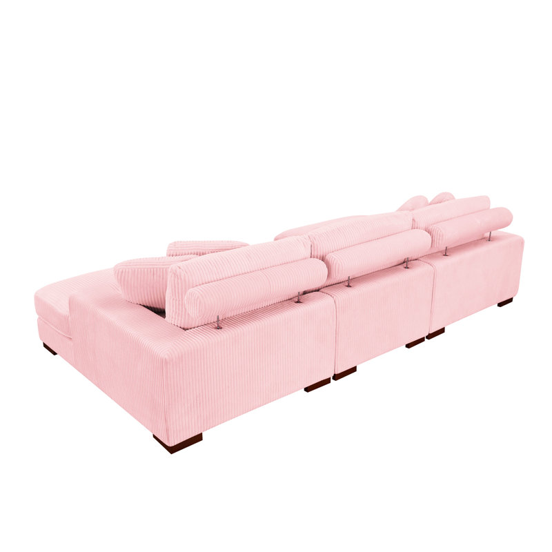 Canapé modulaire à 3 places en velours côtelé rose avec coussins décoratifs et dossier réglable, dossier facile à installer et assemblage rapide