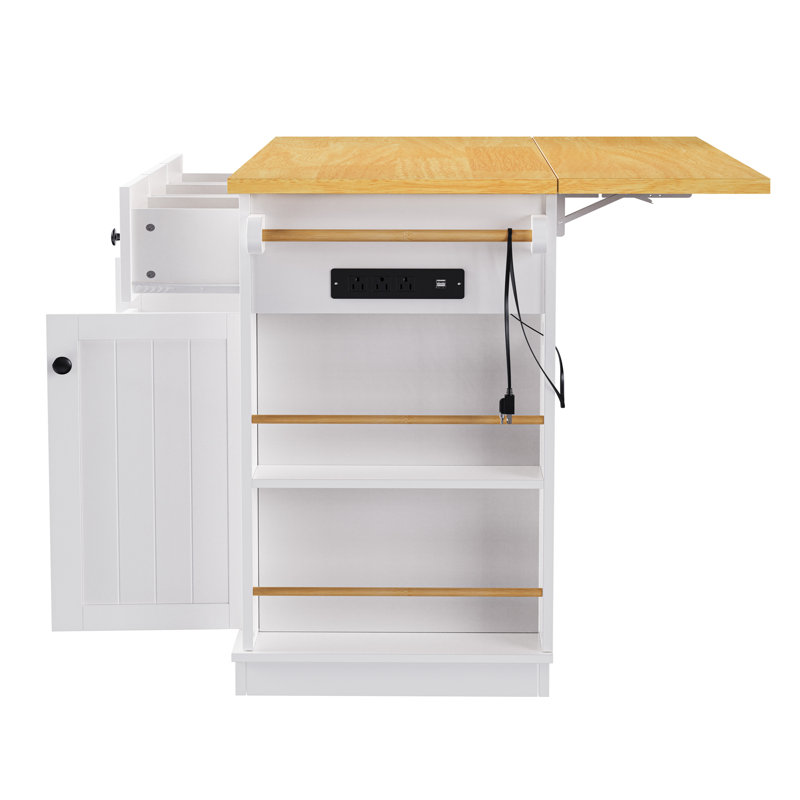 Grand îlot de cuisine de 53 pouces avec rallonge, prise de courant, support de rangement interne pour porte, chariot de cuisine sur roulettes sur 5 roulettes avec 5 supports latéraux ouverts pour la cuisine, la salle à manger, blanc (n'inclut pas les tabourets de bar)