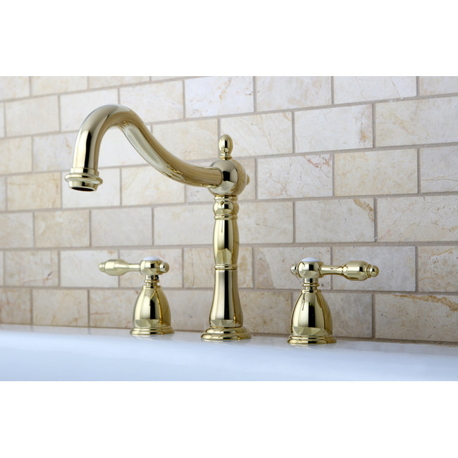 Kingston Brass Tudor Two-Handle 3-Hole Deck Mount Roman Tub Faucet, Polished Brass