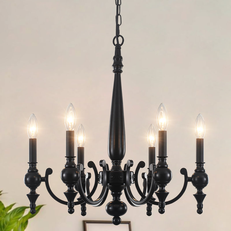 6-Light Matte Black Candle Chandelier, 20.47" French Country Farmhouse Dining Room Light with Adjustable Chain
