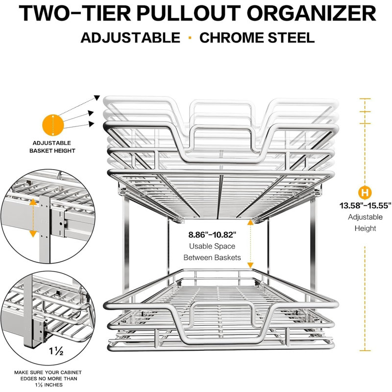 2-Tier Pull Out Kitchen Cabinet Shelf - Slide Out Drawer Organizer, Pantry Storage Basket (14" W x 21" D)