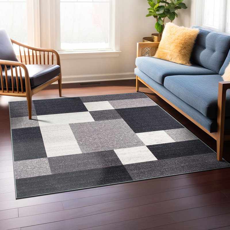 Tapis gris, noir et blanc touffeté à motif géométrique Akieba, Forme carrée : 6 pi 6 po